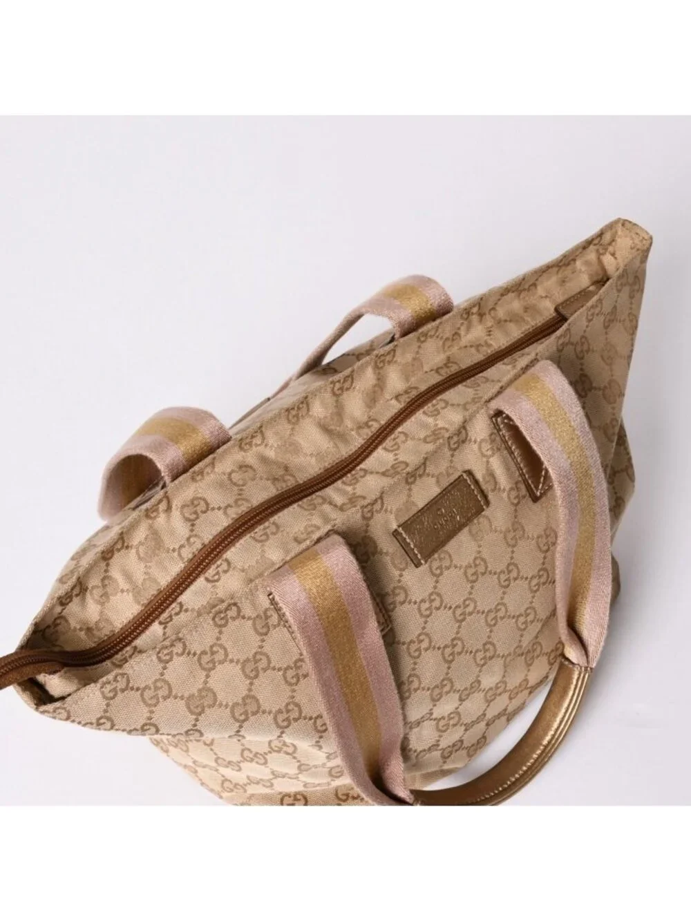 Gucci Tote Bag GG Canvas Beige Gold Blanc